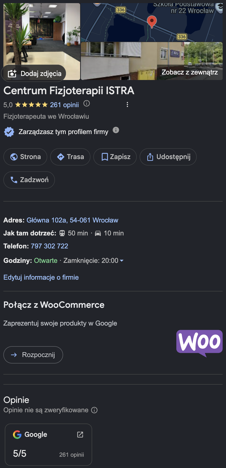 Profil Centrum Fizjoterapii ISTRA w Google, 5,0 na podstawie 261 opinii